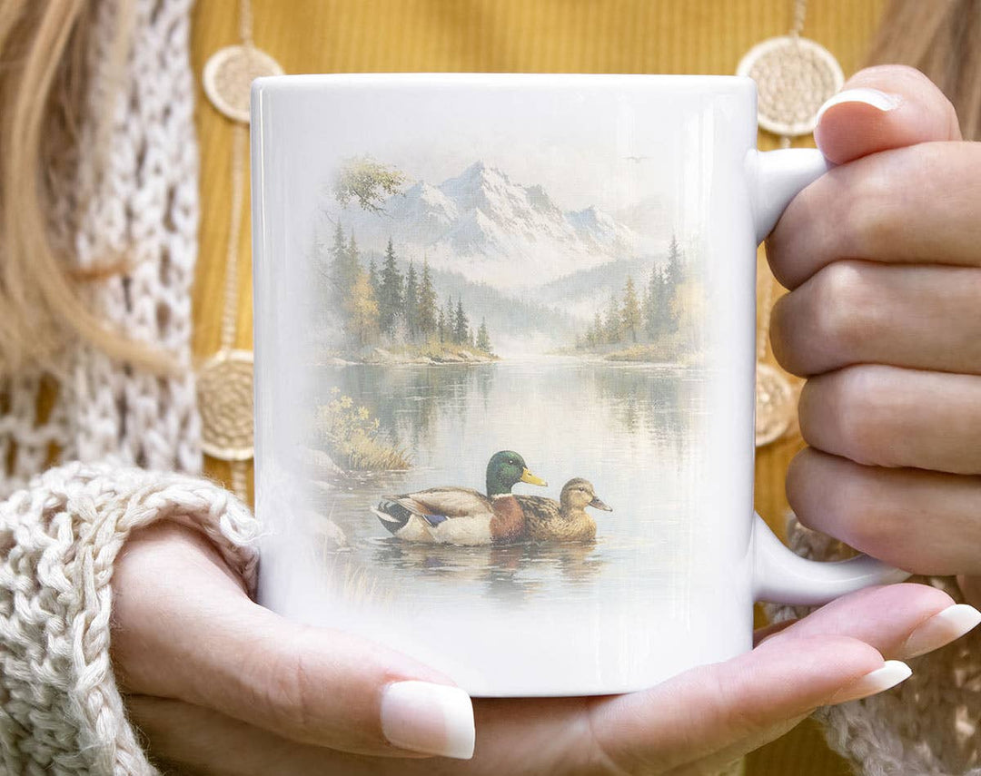 "Duck Nature Retro 90's Boho Mallard Cabincore" design on a white ceramic coffee mug