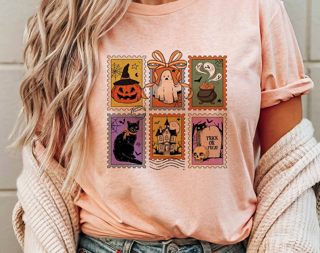 "Halloween Stamps Retro Pumpkin" design on a peach unisex t-shirt
