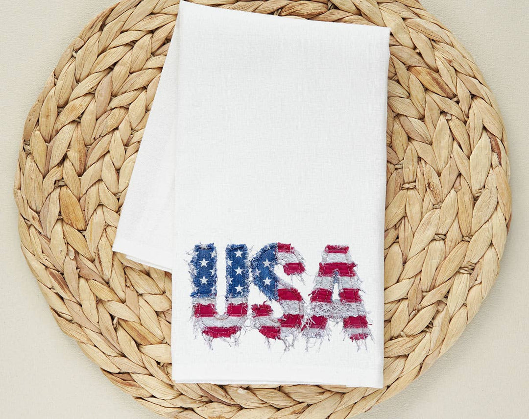 "USA Faux Patchwork American Flag" design on a white 28 x 28 inch flour sack tea towel