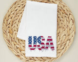 "USA Faux Patchwork American Flag" design on a white 28 x 28 inch flour sack tea towel