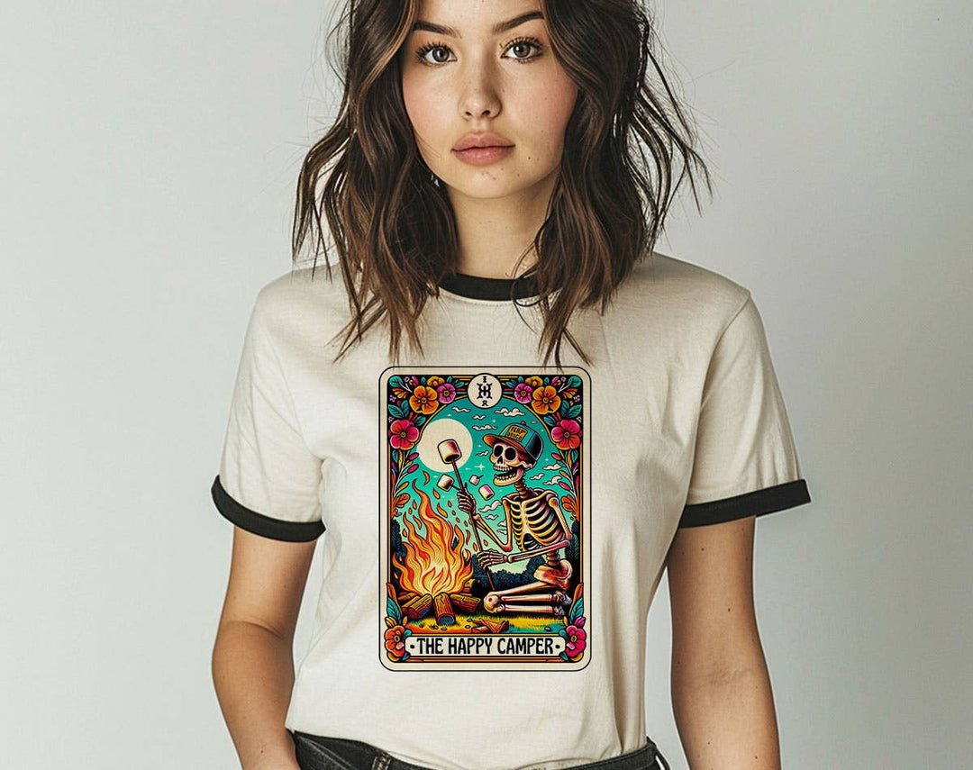 "The Happy Camper Tarot" design on a natural ringer t-shirt with black contrast trim