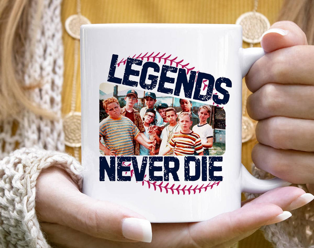 "Legends Never Die Sandlot" design on a white ceramic coffee mug