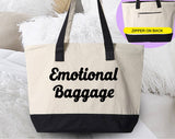 "Emotional Baggage" design on a natural canvas zippered tote bag