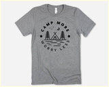 "Camp More Worry Less" design on a heather gray unisex t-shirt