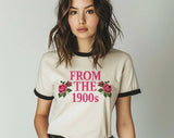 "From The 1900's Floral Roses" design on a natural ringer t-shirt with black contrast trim