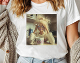 "Doll Face Meme Hot Mess Coffee" design on a white unisex t-shirt