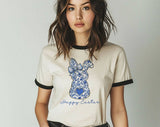 "Happy Easter Blue Bunny" design on a natural ringer t-shirt with black contrast trim