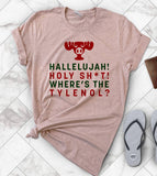 "Hallelujah Holy Sh*t" design on a peach unisex t-shirt
