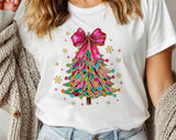 "Coquette Christmas Tree Pink Bow" design on a white unisex t-shirt