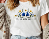 "I Stand With Ukraine Folk Flowers" design on a white unisex t-shirt