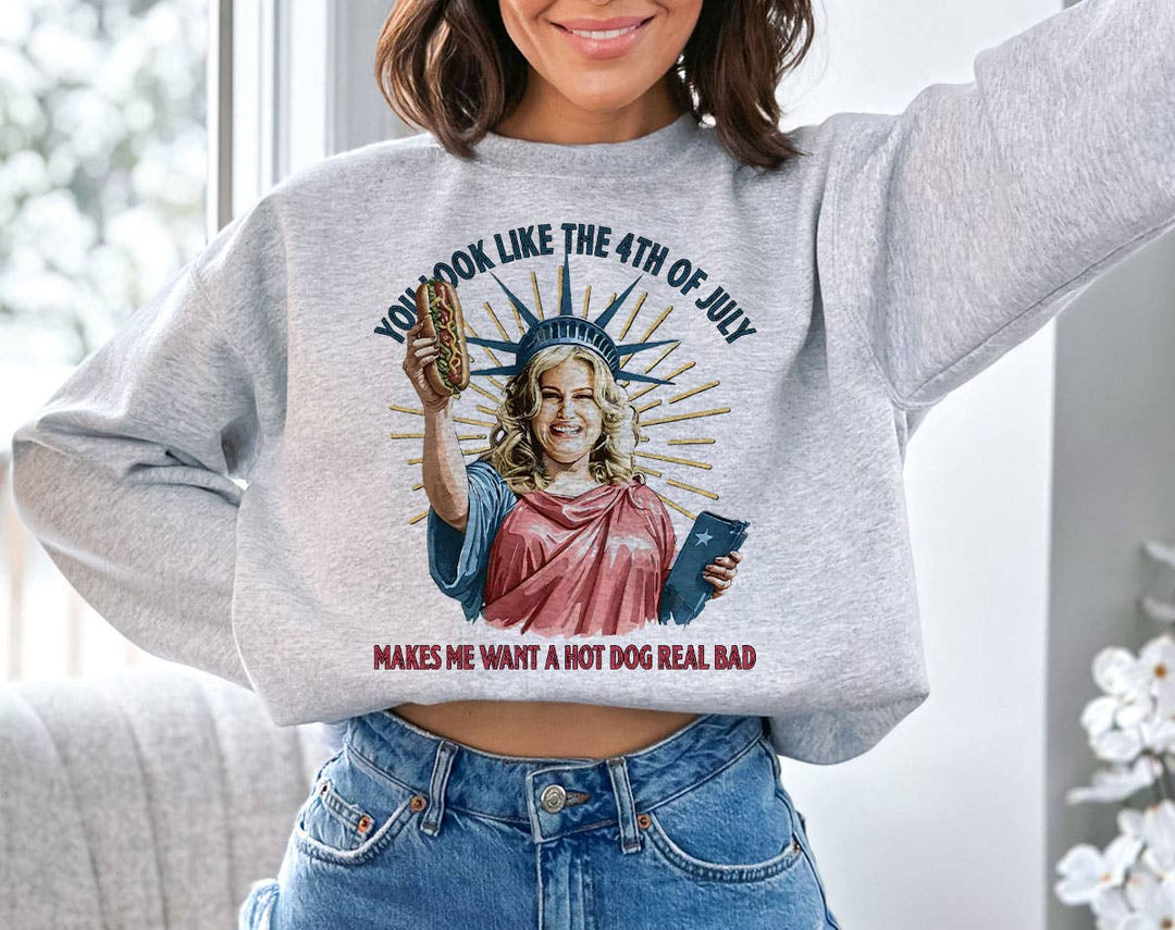 "You Look Like The 4th Of July Statue Of Liberty" design on an ash gray unisex crewneck sweatshirt