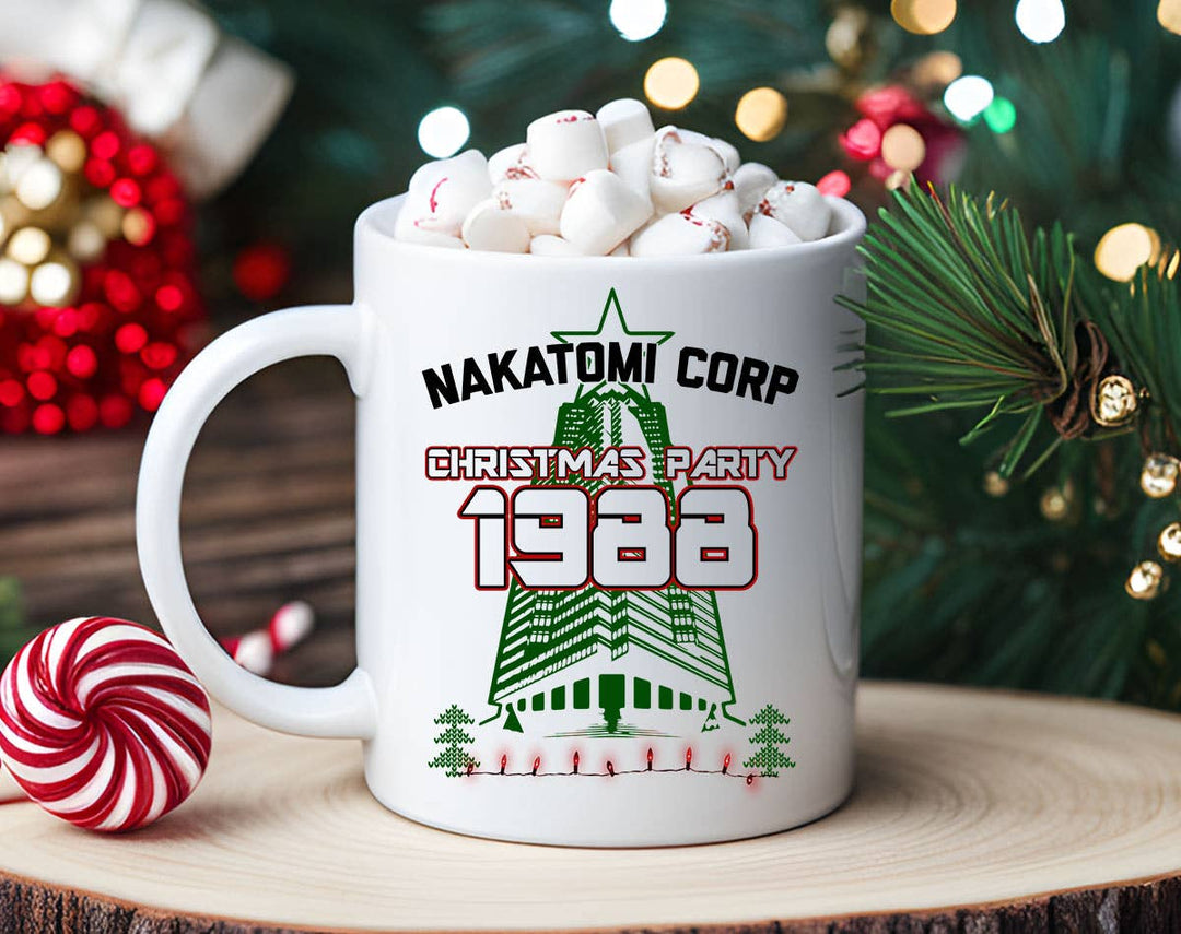 "Nakatomi Die-Hard Christmas Party" Christmas design on a white coffee mug