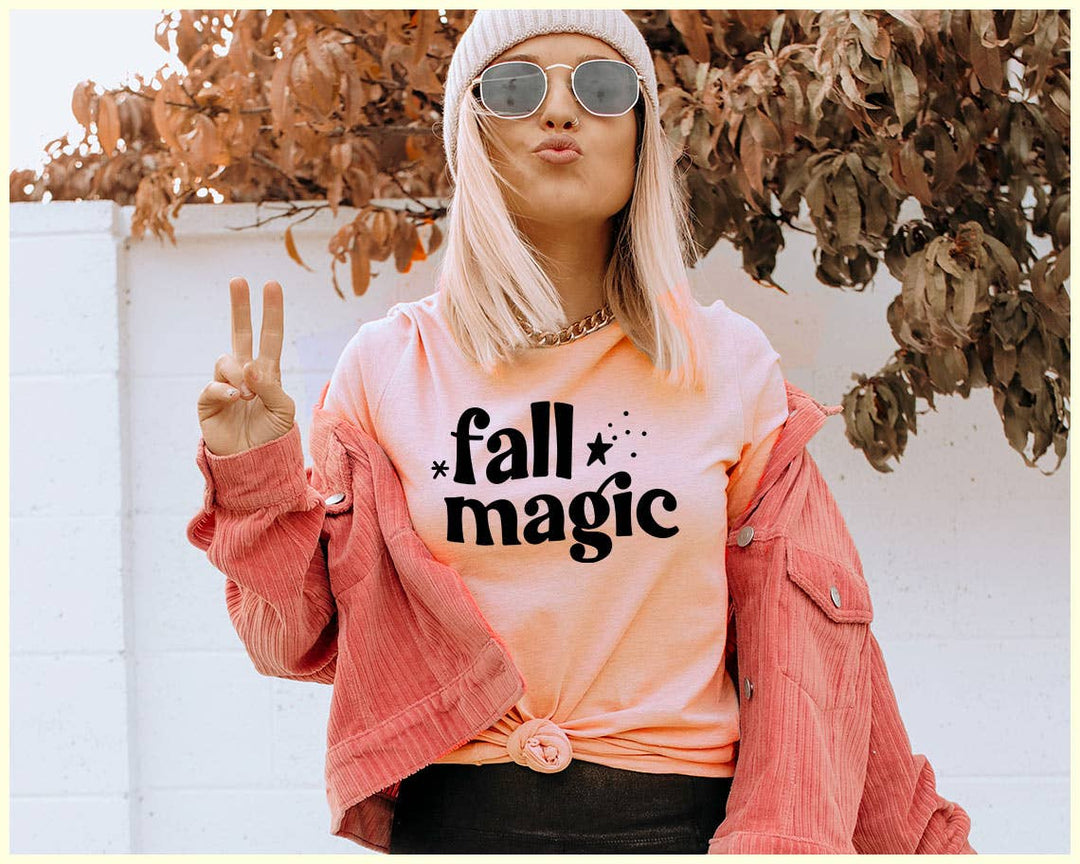 "Fall Magic Pumpkin" design on a peach unisex t-shirt