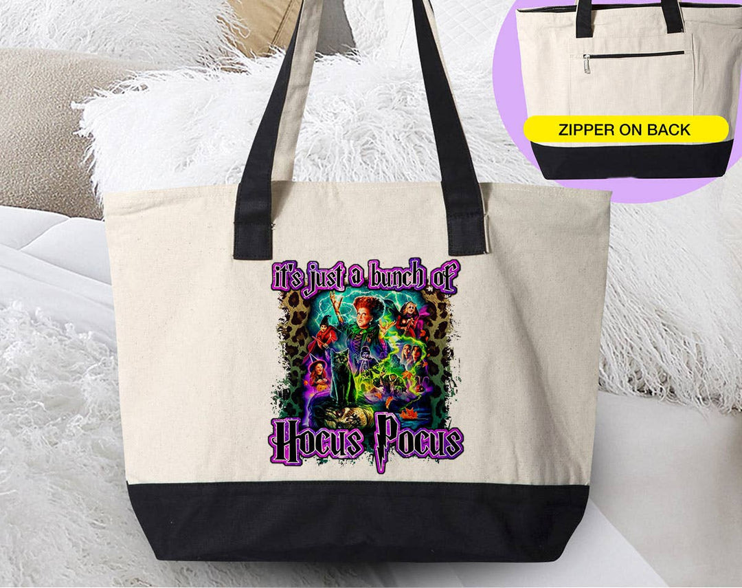 "Hocus Pocus Leopard" design on a natural canvas zippered tote bag