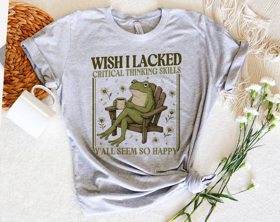 "Wish I Lacked Critical Thinking Frog" design on a heather gray unisex t-shirt