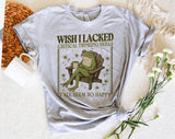 "Wish I Lacked Critical Thinking Frog" design on a heather gray unisex t-shirt