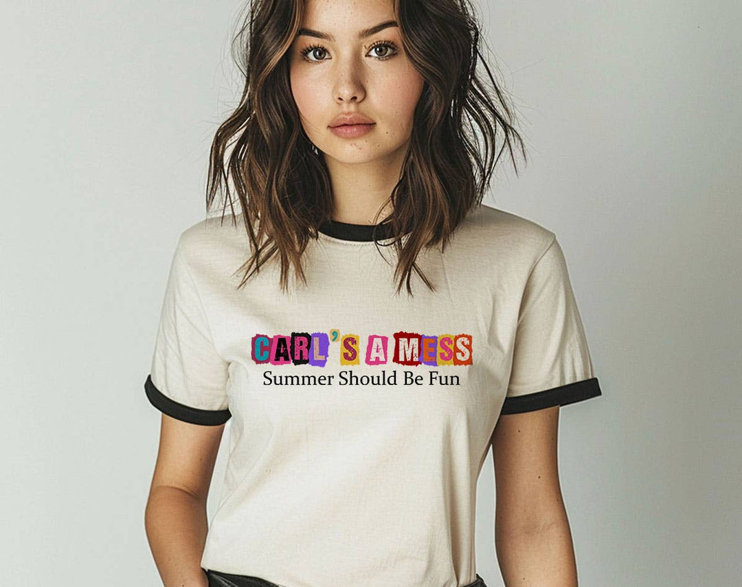 "Carl's A Mess Summer House" design on a natural ringer t-shirt with black contrast trim