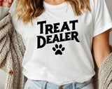 "Treat Dealer Dog" design on a white unisex t-shirt