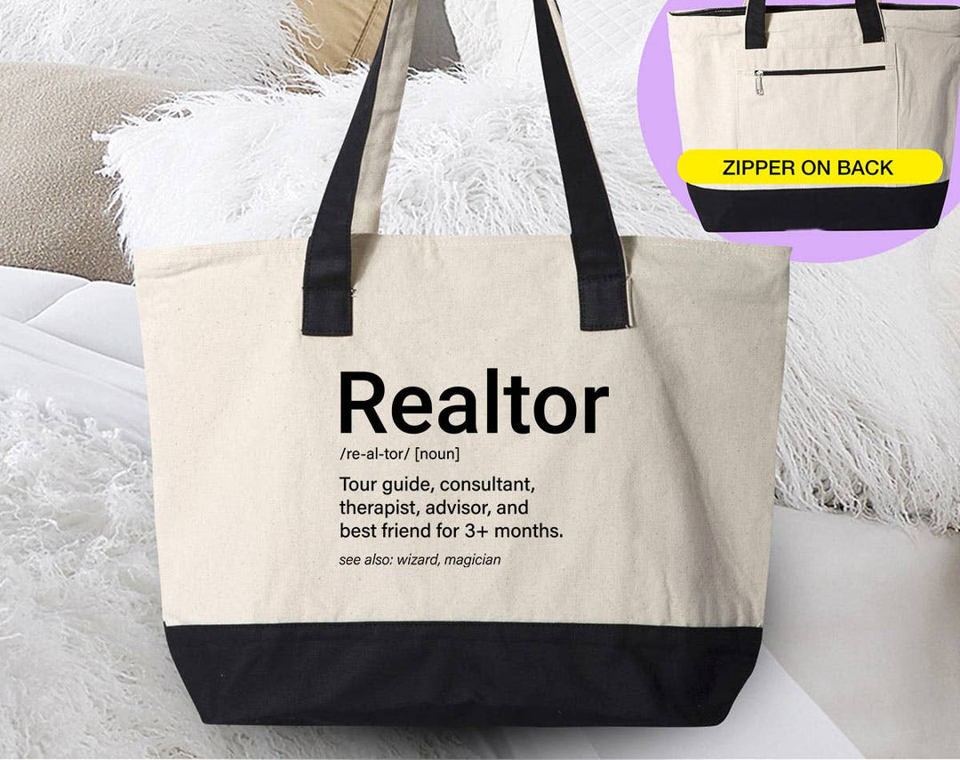 "Realtor Definition" design on a natural canvas zippered tote bag