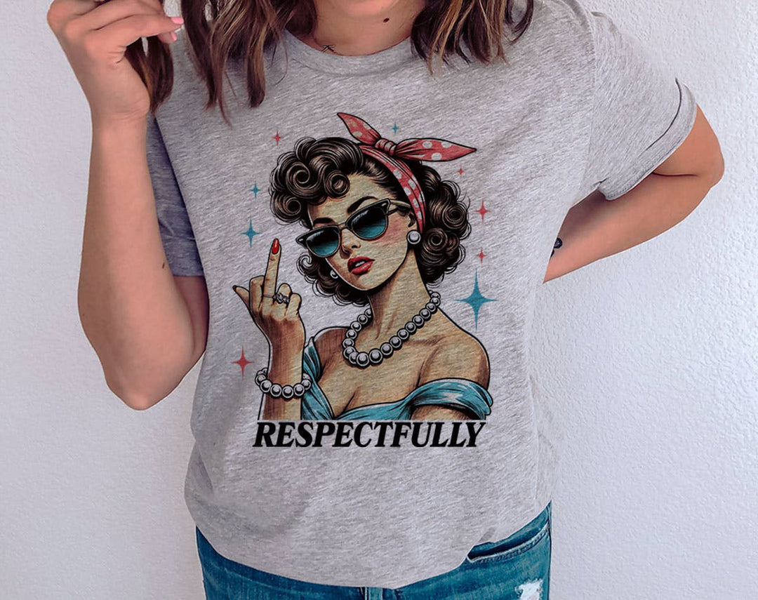 "Respectfully Retro Lady Middle Finger" design on a heather gray unisex t-shirt