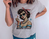 "Respectfully Retro Lady Middle Finger" design on a heather gray unisex t-shirt