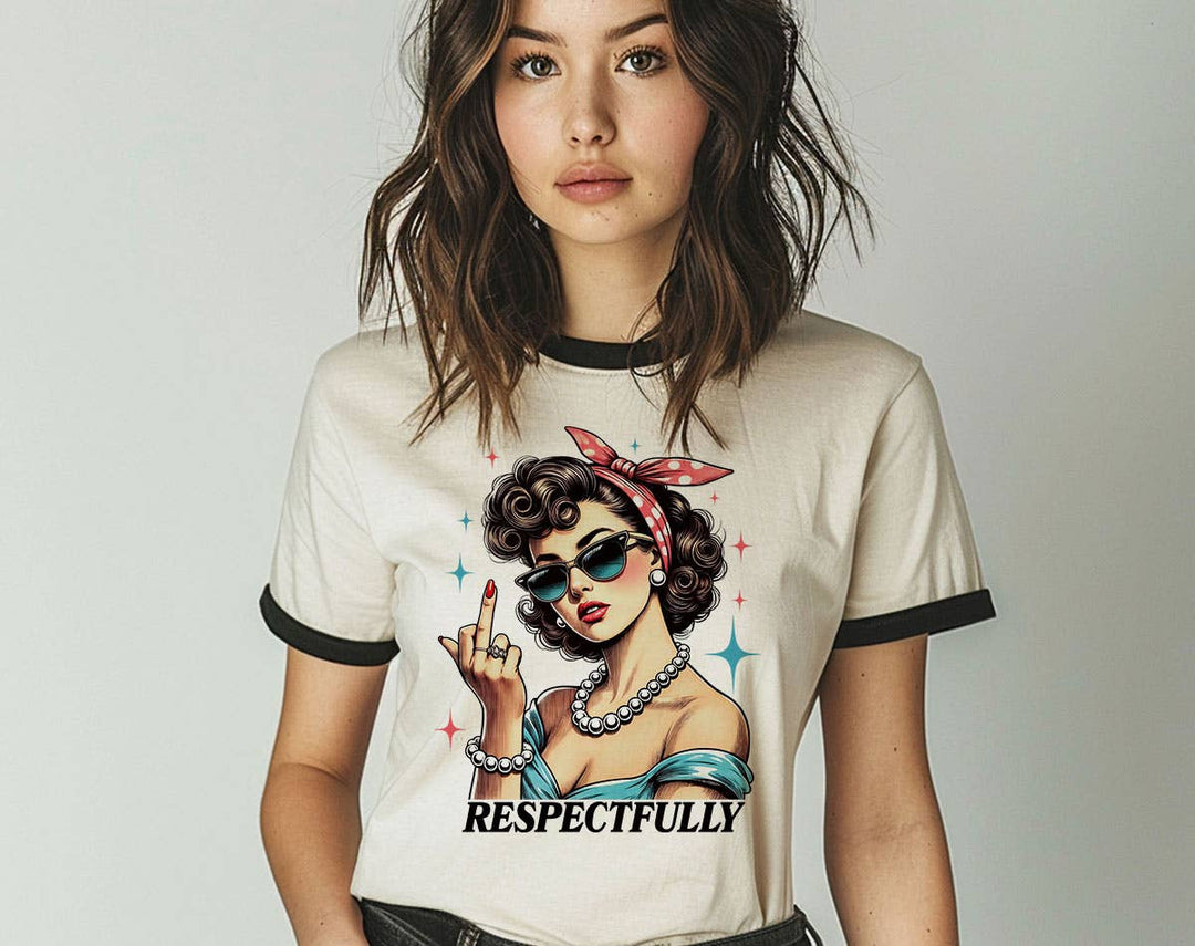 "Respectfully Retro Lady" design on a natural ringer t-shirt with black contrast trim