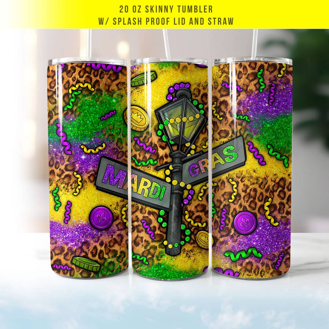 "Street Light Corner" design on a 20 oz skinny tumbler with lid and straw
