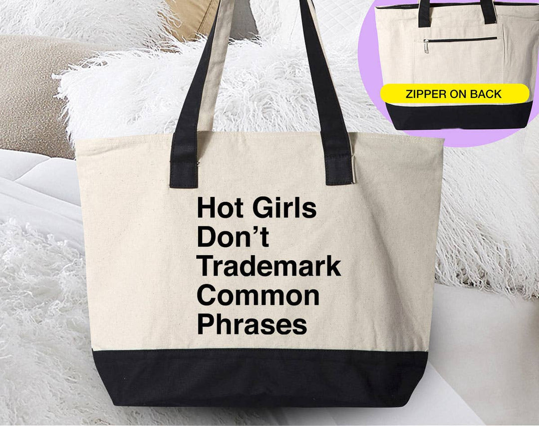 "Hot Girl Don't Trademark Common Phrases Book" design on a natural canvas zippered tote bag