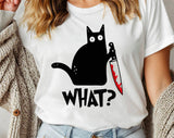 "Cat Knife What" design on a white unisex t-shirt