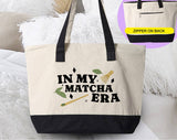 "In My Matcha Era" design on a natural canvas zippered tote bag