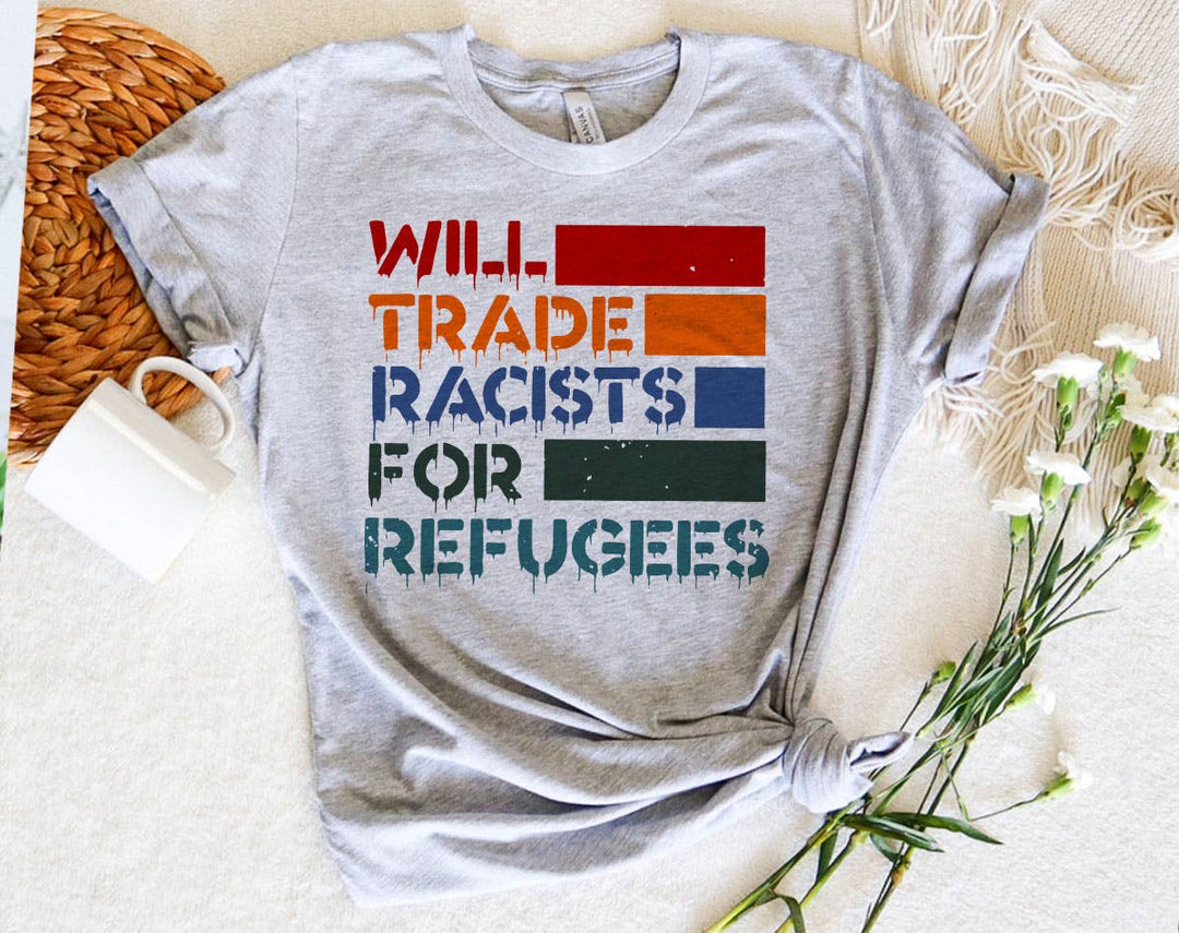 "Will Trade For Equal Rights" design on a heather gray unisex t-shirt