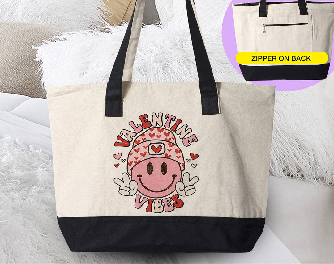 "Valentine Vibes Smiley Peace" design on a natural canvas zippered tote bag