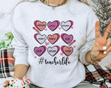Teacher Life Hearts Valentine's Day Sweatshirt, Unisex Crewneck