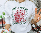 "Sorta Merry Sorta Feral" design on an ash gray unisex crewneck sweatshirt
