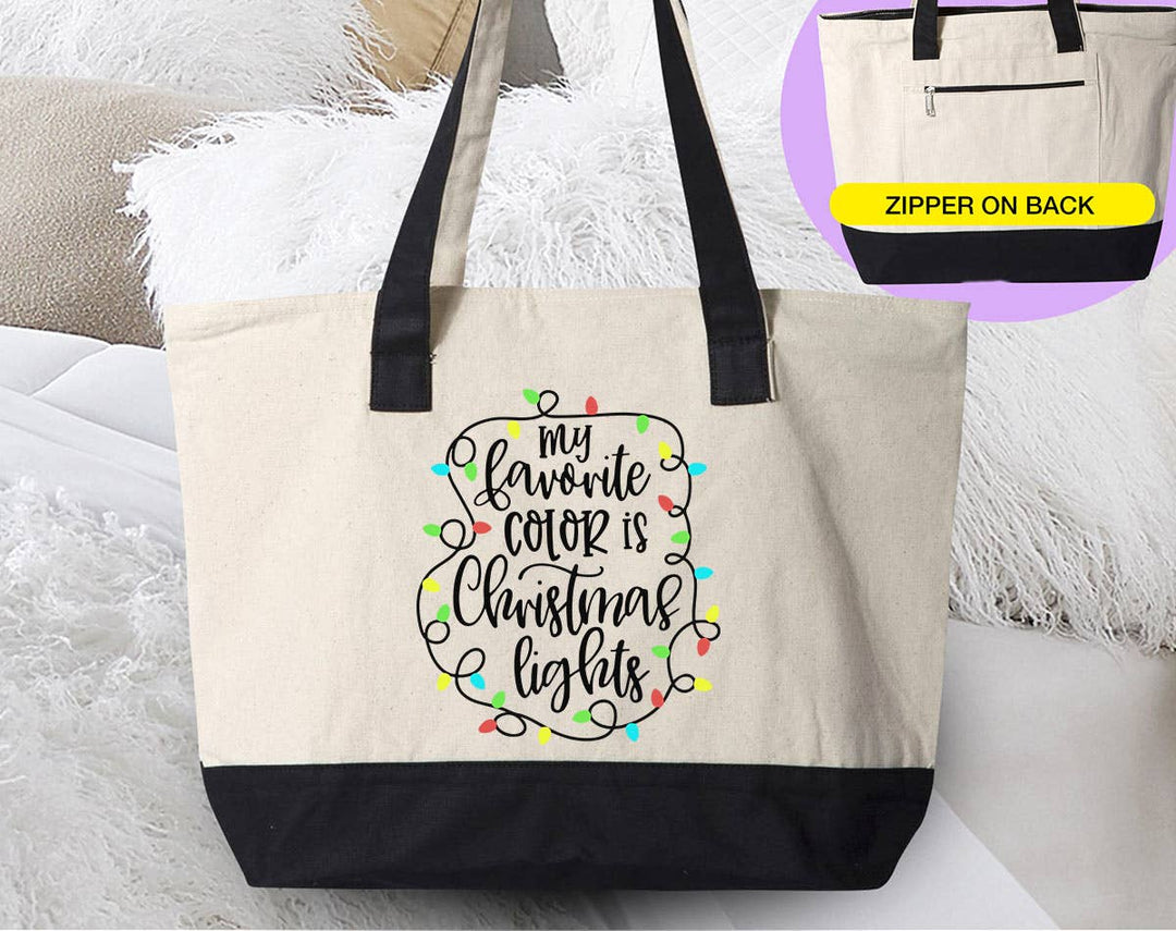 "My Favorite Color Is" design on a natural canvas zippered tote bag