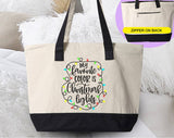 "My Favorite Color Is" design on a natural canvas zippered tote bag