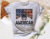"American Mama Leopard Print" design on a heather gray unisex t-shirt