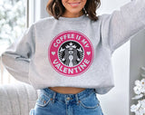 "Coffee Is My Valentine Pink Logo" design on an ash gray unisex crewneck sweatshirt