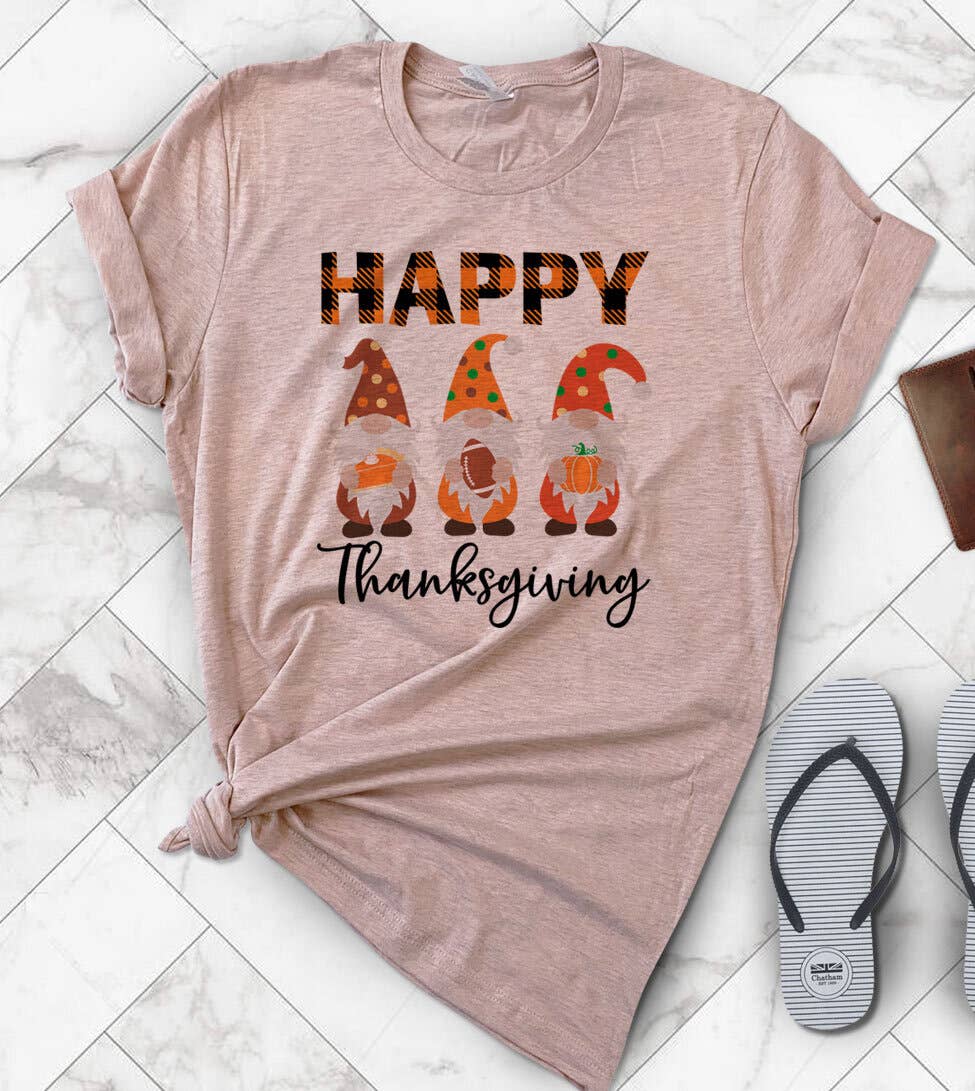 "Happy Gnome Thanksgiving" design on a peach unisex t-shirt