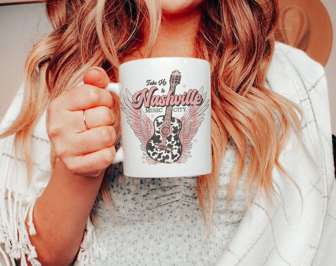 "Nashville Music City Pink Cow Guitar" design on a white ceramic coffee mug
