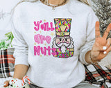 "Y'all Are Nuts" design on an ash gray unisex crewneck sweatshirt