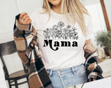 "Mama Wildflowers" design on a white unisex t-shirt