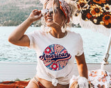 "American Swirl Flower" design on a white unisex t-shirt