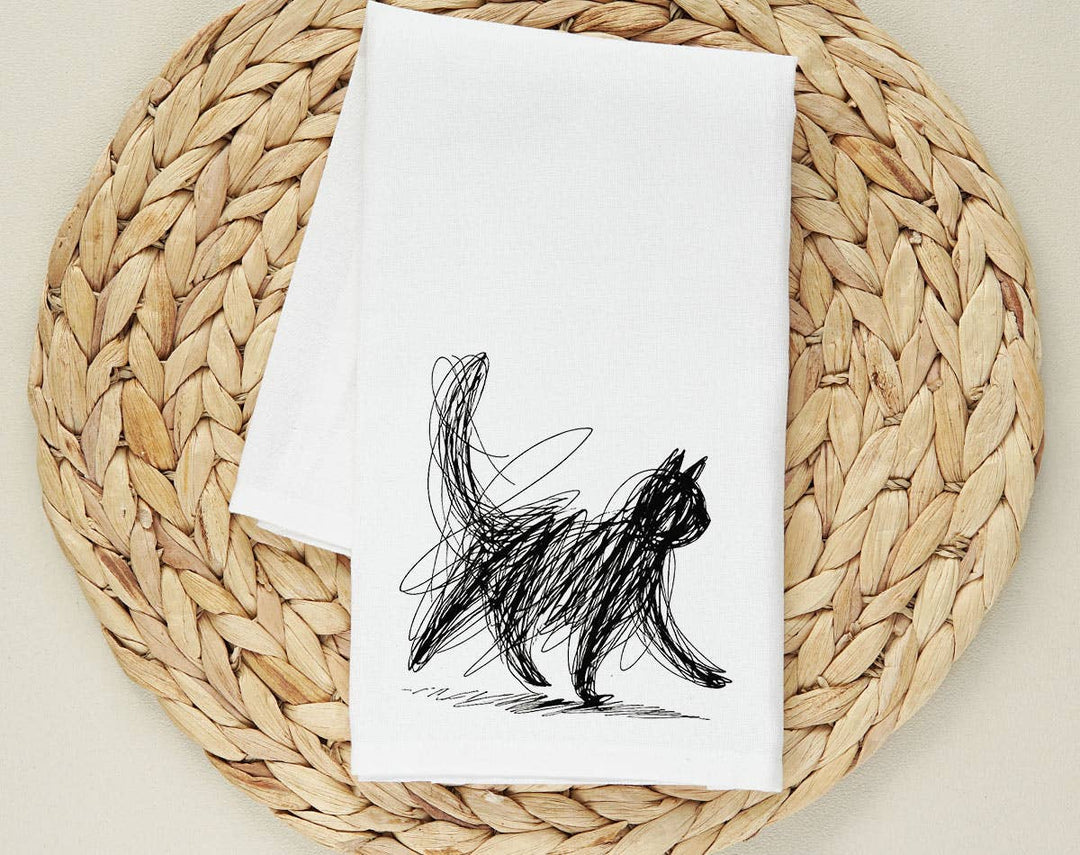 "Cat Abstract Drawing" design on a white 28 x 28 inch flour sack tea towel