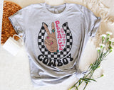 "Peace Out Cowboy" design on a heather gray unisex t-shirt