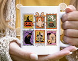 "Halloween Stamps Retro Pumpkin" Halloween design on a white coffee mug