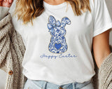 "Happy Easter Blue Bunny" design on a white unisex t-shirt