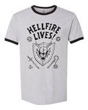 "Hellfire Lives Stranger Things" design on a heather gray ringer t-shirt with black contrast trim