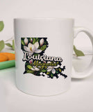 "Louisiana State Flower Magnolia" design on a white ceramic coffee mug