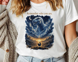 "Remember Who You Are T-Rex Chicken" design on a white unisex t-shirt